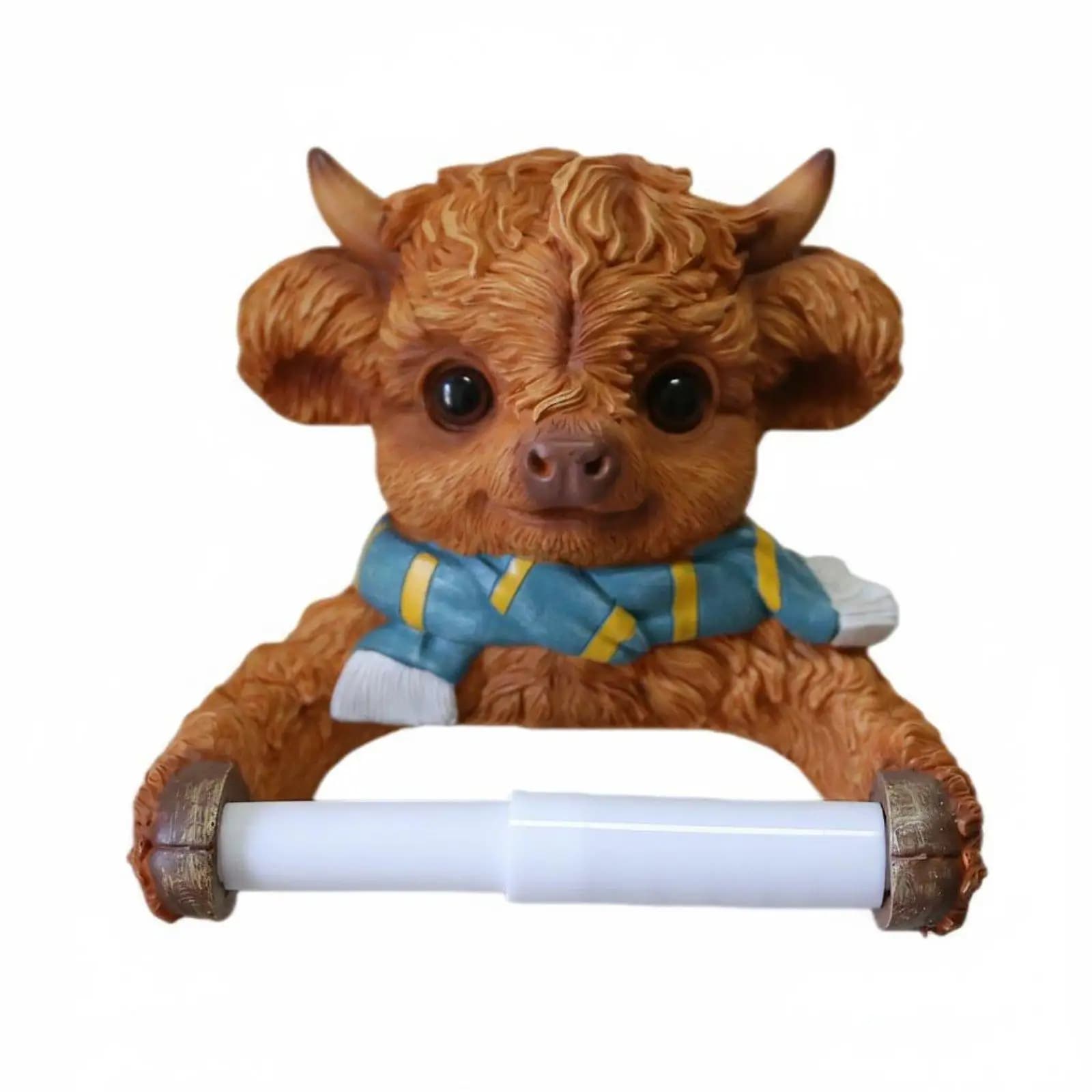 Charming Highland Cow Resin Toilet Paper Holder Wall Mount Funny Animal Tissue Rack Rustic Bathroom Decor Creative Roll Stand