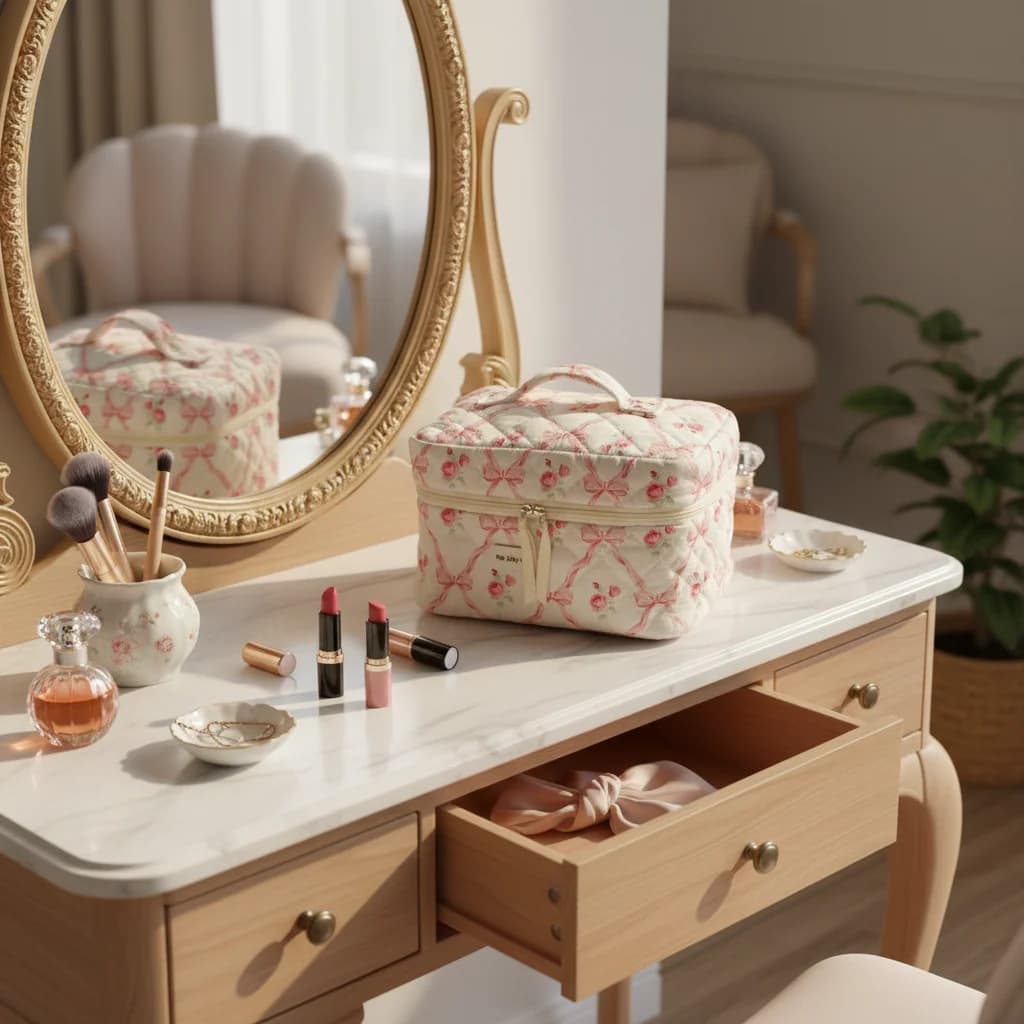 Borsa Organizer Floreale in Cotone con Fiocco, Pochette Cosmetica Stampata a Fiori, Grande Borsa da Viaggio per Trucchi, Borsa per il Make-up, Borsetta 2026
