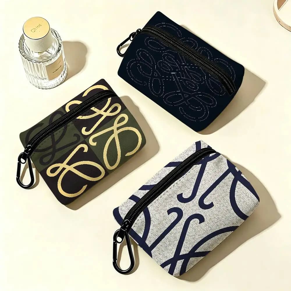 Fashion L-LLoewe Logo Portable Mini Oxford Cloth Coin Purse With Carabiner Hook Zipper Key Card Earphone Storage Wallet