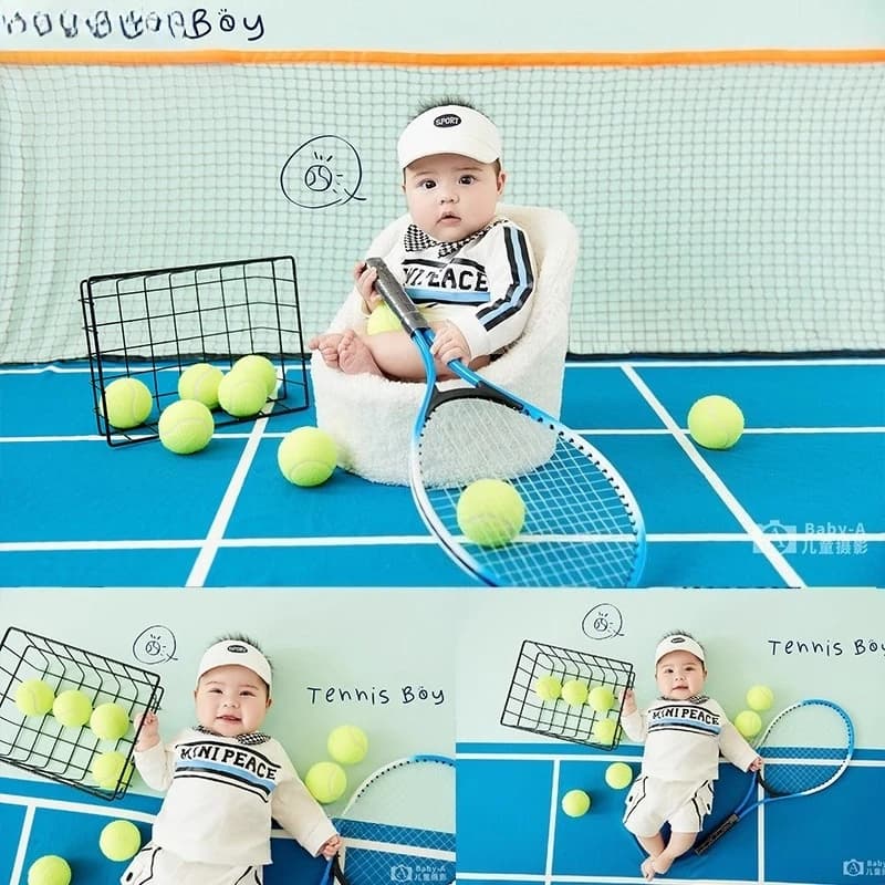 Abbigliamento fotografico per bambini Set di temi sportivi per vigore di tennis Cappello per fondale con palline Decori per oggetti di scena per servizio fotografico in studio per bambini
