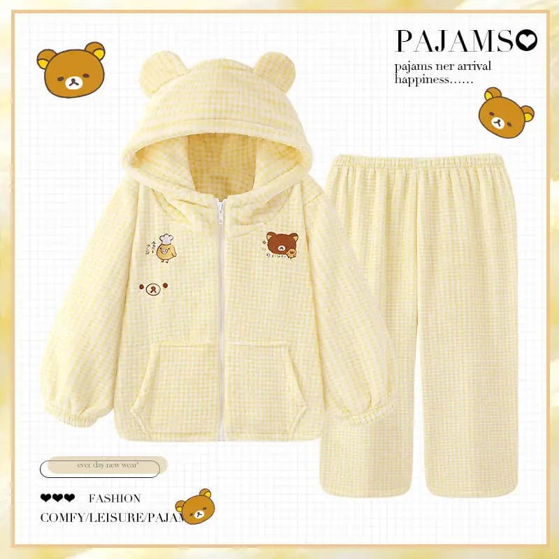 2 Pezzi Pigiama Invernale da Donna Anime Rilakkuma in Pile Corallo Caldo e Spesso, Abbigliamento da Casa in Flanella a Quadri con Cappuccio e Cerniera, Regalo