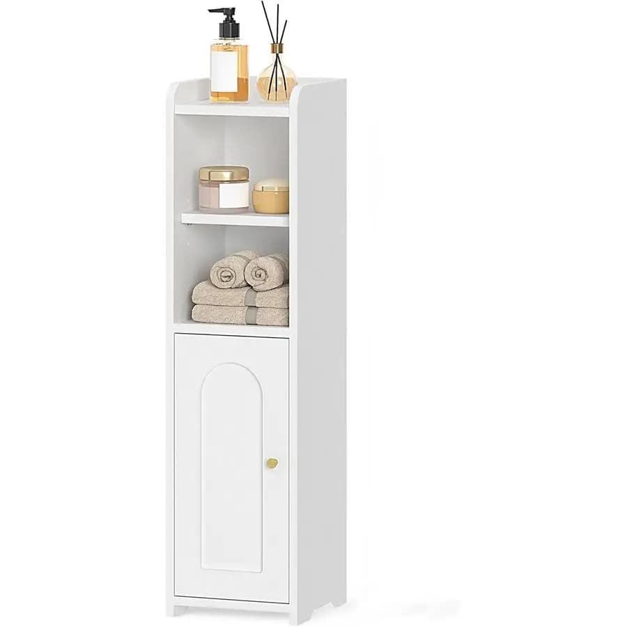 Mobiletto portaoggetti, piccolo mobiletto angolare da terra con ante e ripiano regolabile, mobiletto stretto per carta igienica, organizer da bagno