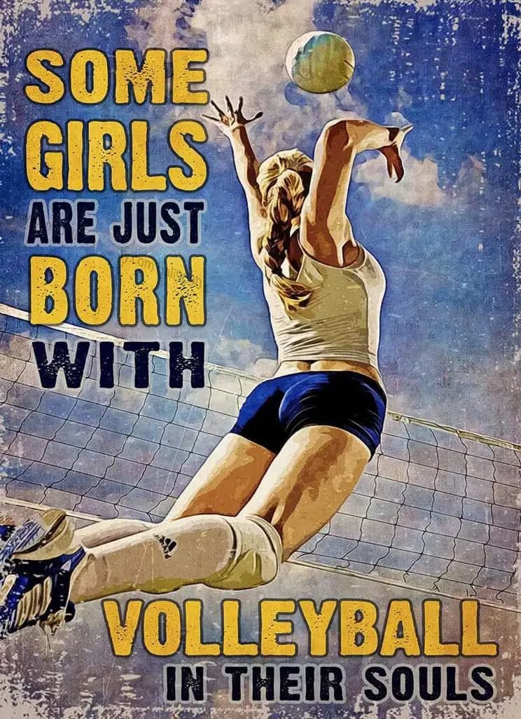 Retro Volleyball Girl, Targa in Metallo Decorativa con Scritta 'Some Girls are Just Born with Volleyball in Their Soul' per Garage, Giardino, Casa