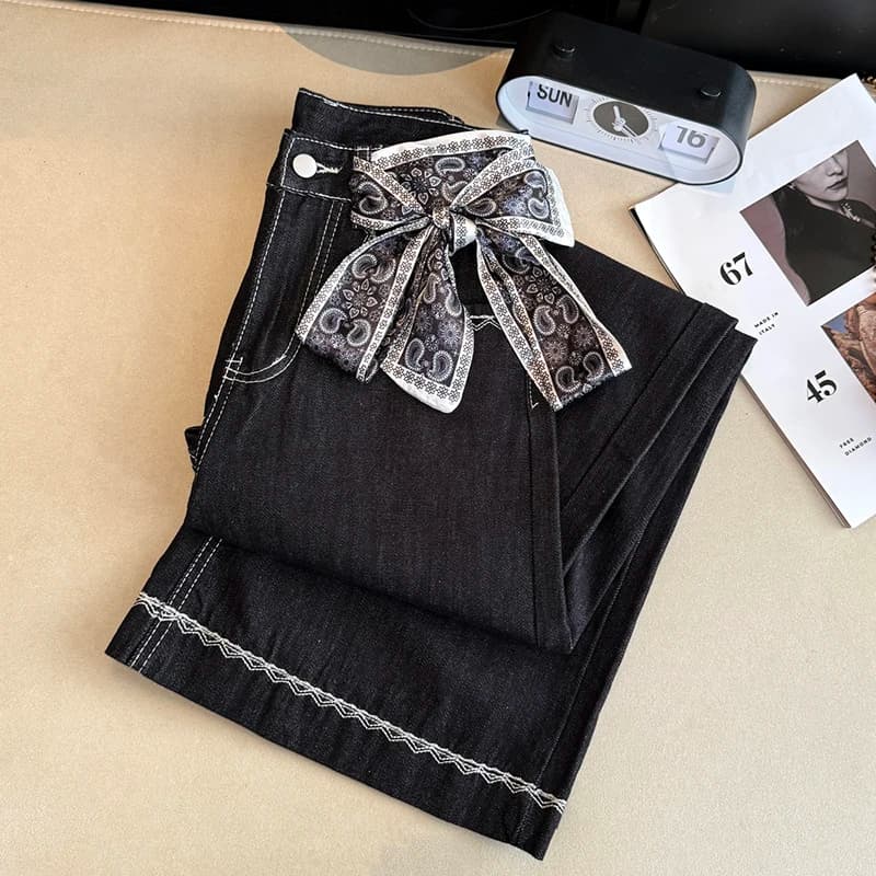 Vintage Embroidery Jeans Women Loose Casual Silk Scarf Bow Wide Leg Denim Pants Korean High Waist Streetwear Pure Cotton Trouser