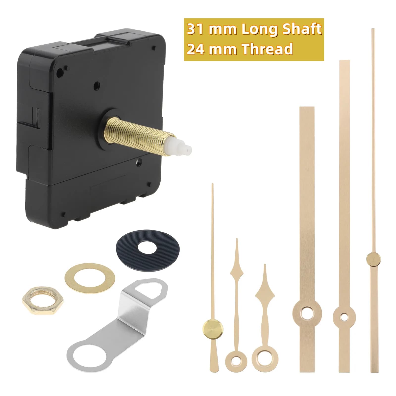Silent Mechanisms Kit for Quartz Clock with 31 mm Long Tree and 24 mm Thread, Silent Mechanisms with Continuous Sliding with 2 Lancette Pairs
