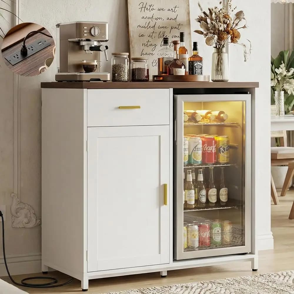 White Mini Ridge Space Bar Cabinet with Power Outlet, Storage, and Wine Glass Holder for Home Bar, Dining Room, or Kitchen