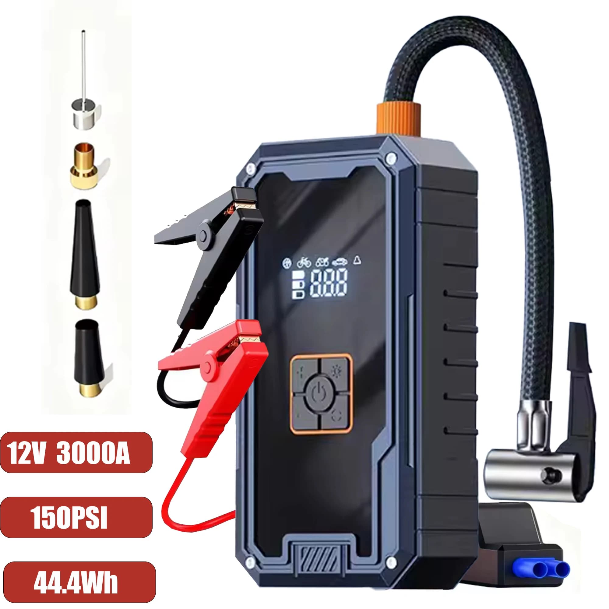 Avviatore di Emergenza 4 in 1 3000A per Auto 12V con Pompa d'Aria 150PSI, Compressore d'Aria, Power Bank Portatile, Booster di Emergenza e Luce LED