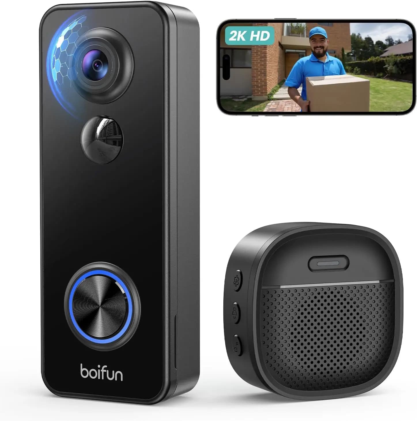Campanello Video Wireless con Telecamera a 180° ° Visione notturna, 2K HD, rilevamento umano tramite IA, visione notturna e audio bidirezionale