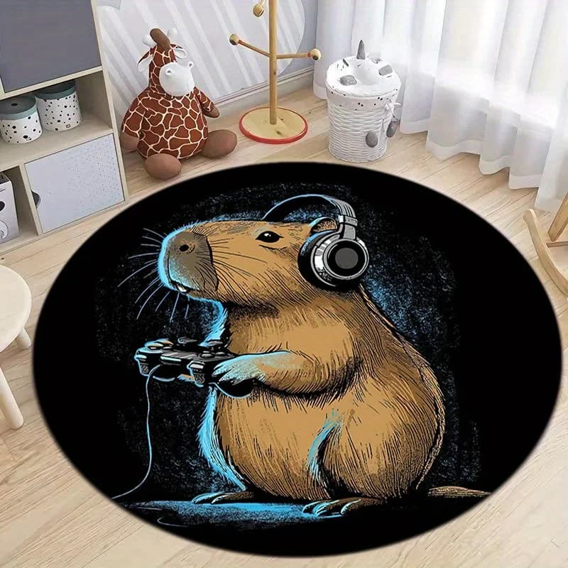 Capybaras with game headphones model round carpet, non-slip mat for living room, bedroom, bathroom, holiday home decoration