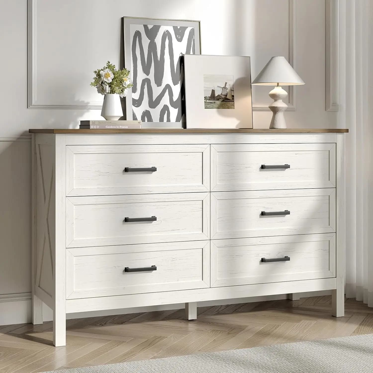 Cassettiera in Legno Bianco Anticato Stile Rustico con 6 Cassetti e Maniglie in Metallo per Camera da Letto, Soggiorno e Ingresso