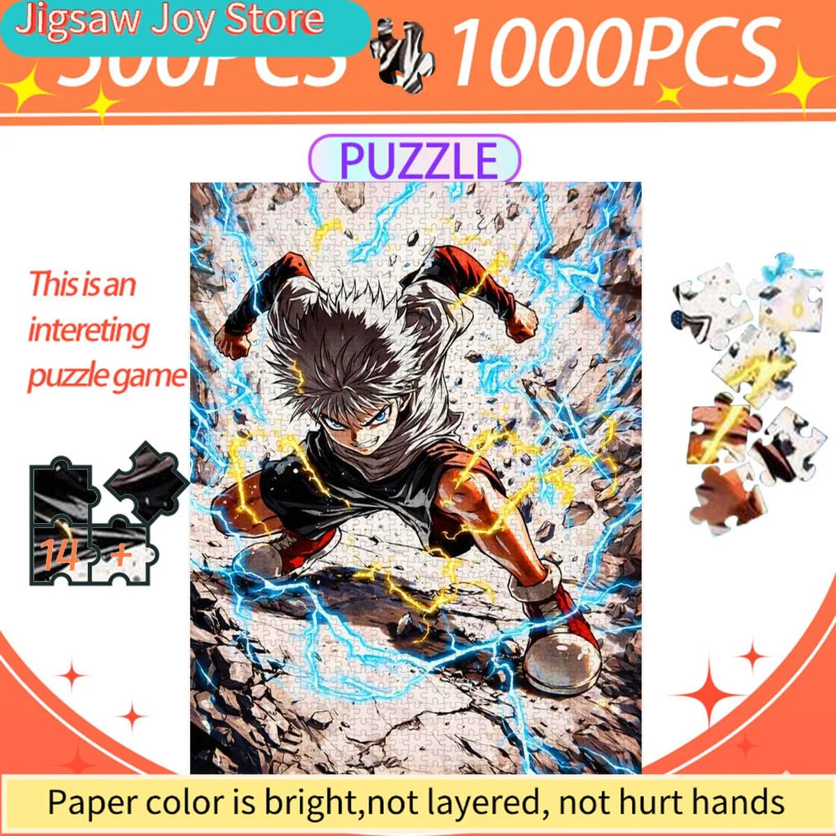 Puzzle di carta, puzzle educativo, con un ragazzo dai capelli argentati, fulmini blu e terreno ghiaioso. Realizzato in plastica bianca