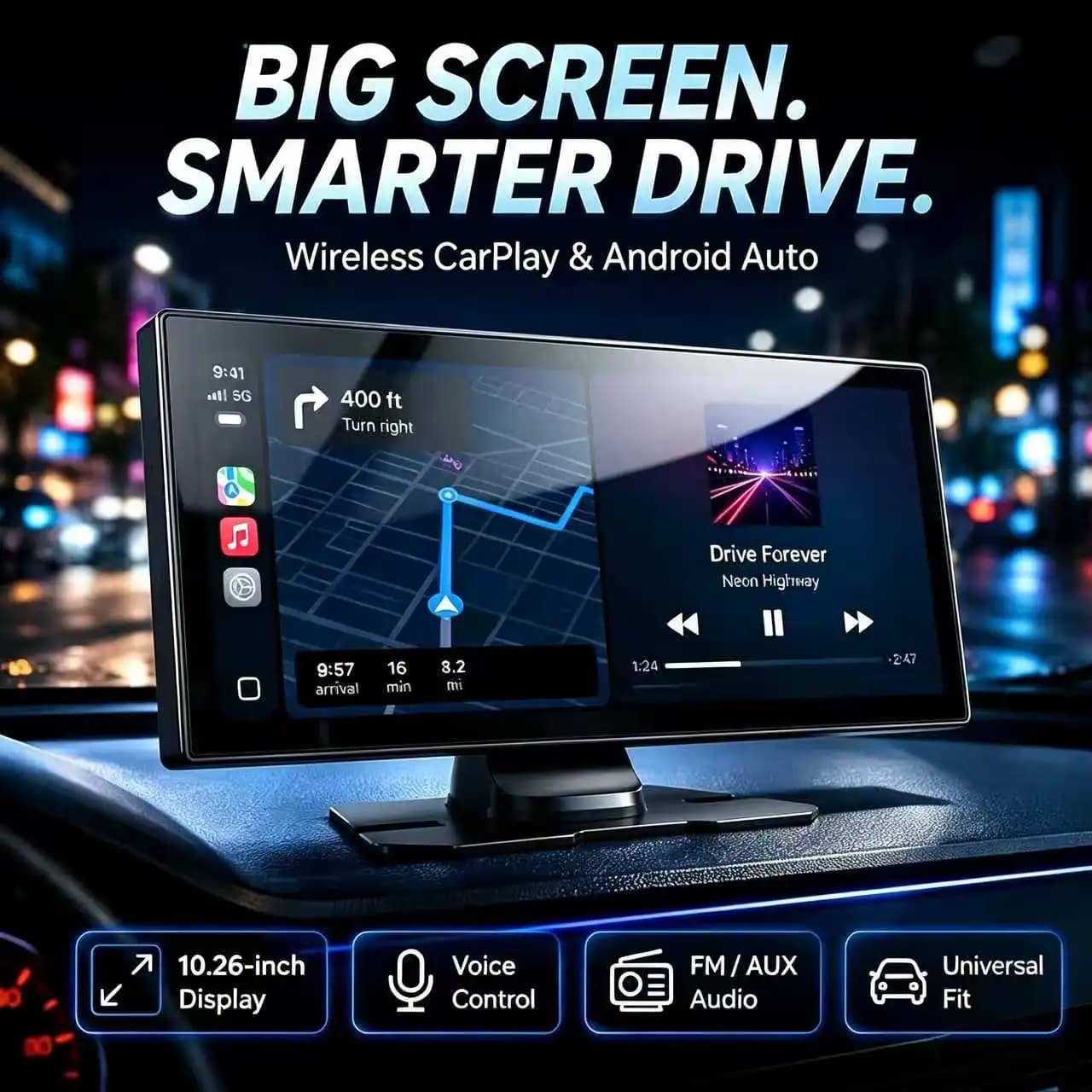 10.26-inch Portable Wireless CarPlay Screen, Suitable For Display Screens Of Apple Car System And Android Car System, 4K Front Camera, 1080P Rear Camera, Mirror Link, Audio Input And Wireless Touch Screen, Only Equipped With 512TF Card