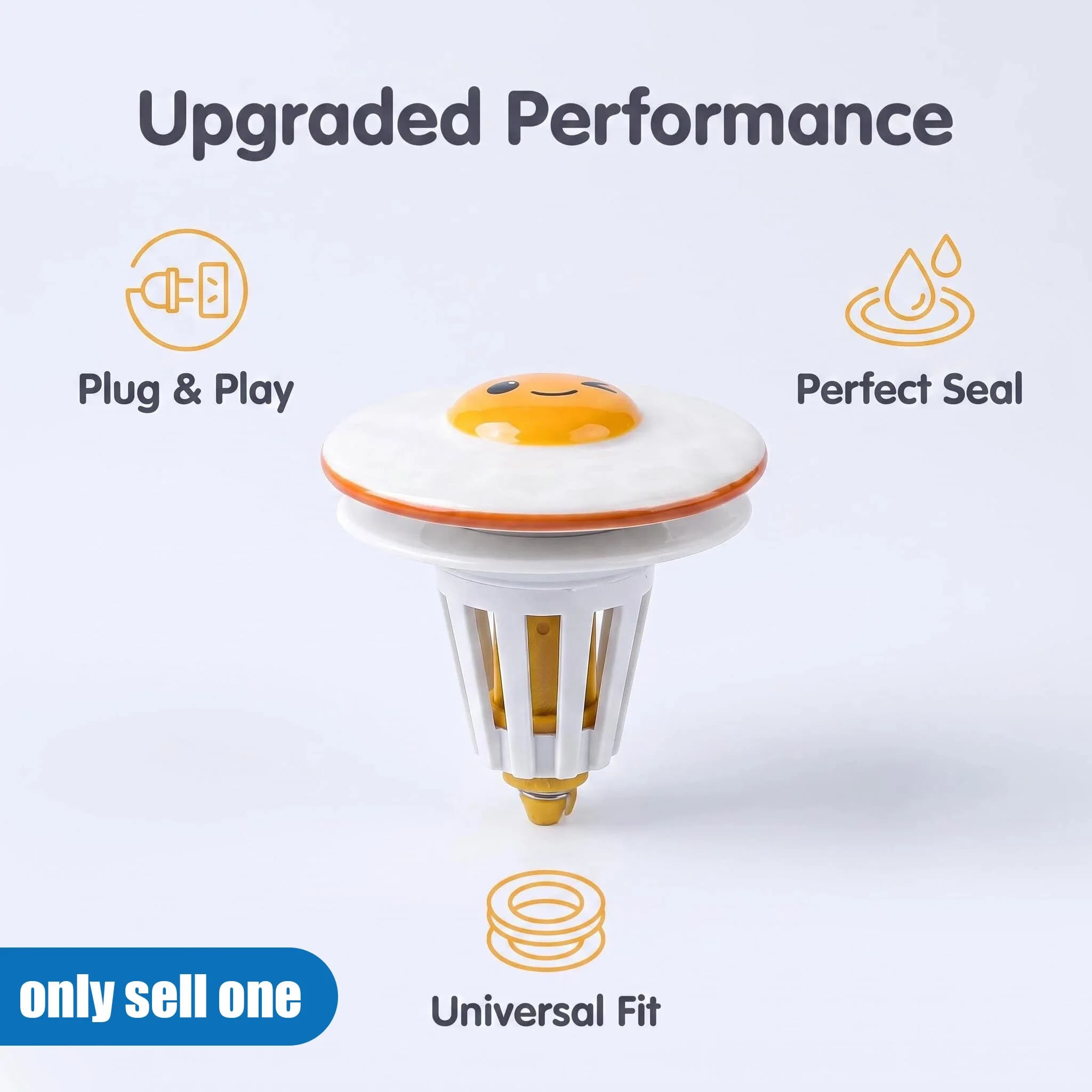 Fried Egg Ceramic Sink Drain Stopper, Hair Catcher Strainer Basket, Tool-Free Pop Up Plug, Leak-Proof for Bathroom Vanity Sink
