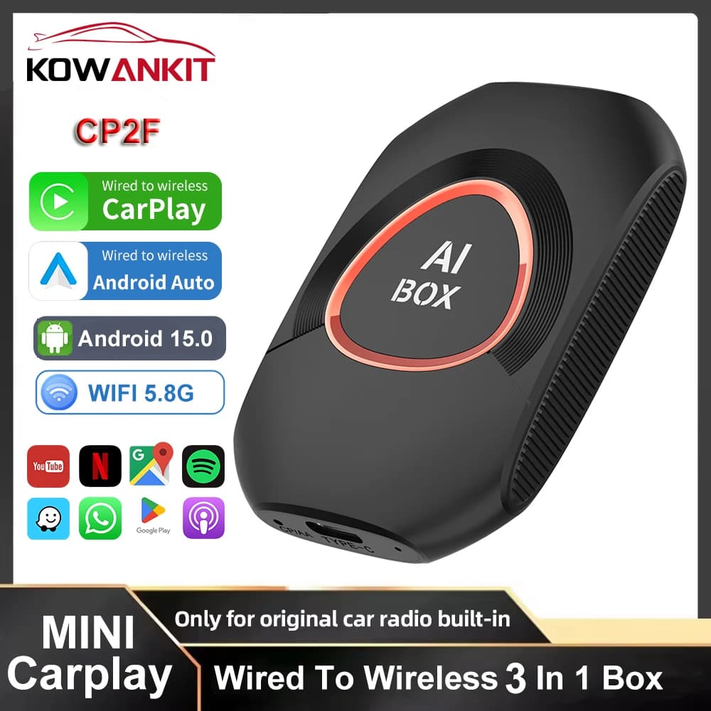Kowankit CP2F Android 15 3 in 1 Wireless CarPlay Smart AI Box Android Auto Adapter Plug Play Car TV Box Support YouTube Netflix