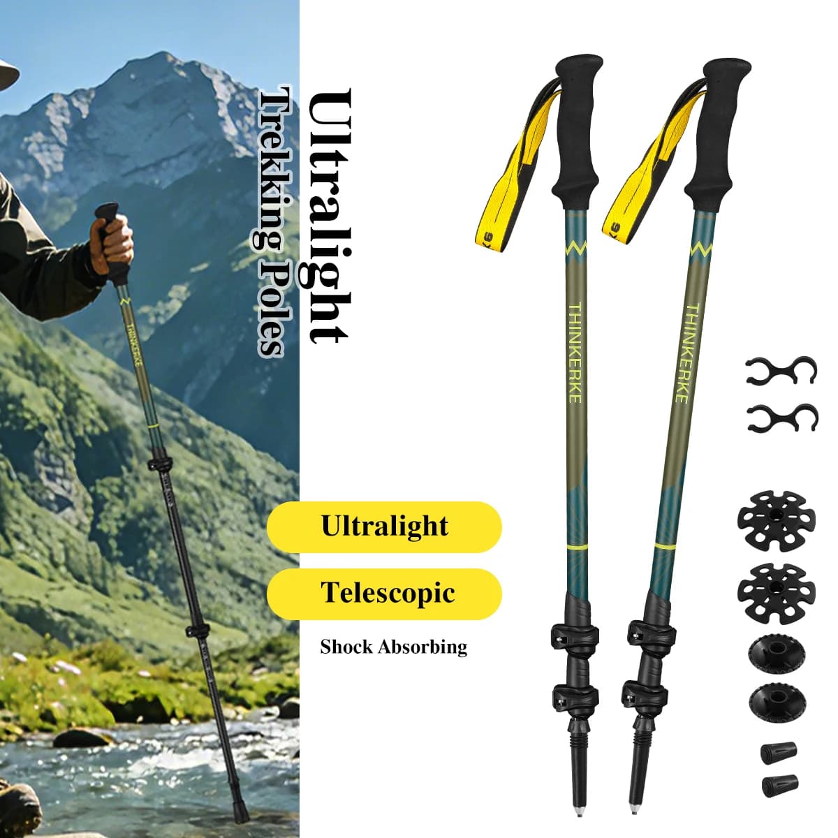 3K Carbon Fiber Trekking Poles, Full Length 135cm, Three-section Quick-locking Adjustment, 169gLightweight Hiking Sticks, Hiking