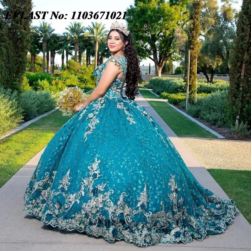 EVLAST Personalizzato Verde Smeraldo Abito di Sfera Abito Quinceanera Oro Applique di Pizzo Perline Corsetto Dolce 16 Abiti Da 15 Anos SQ199