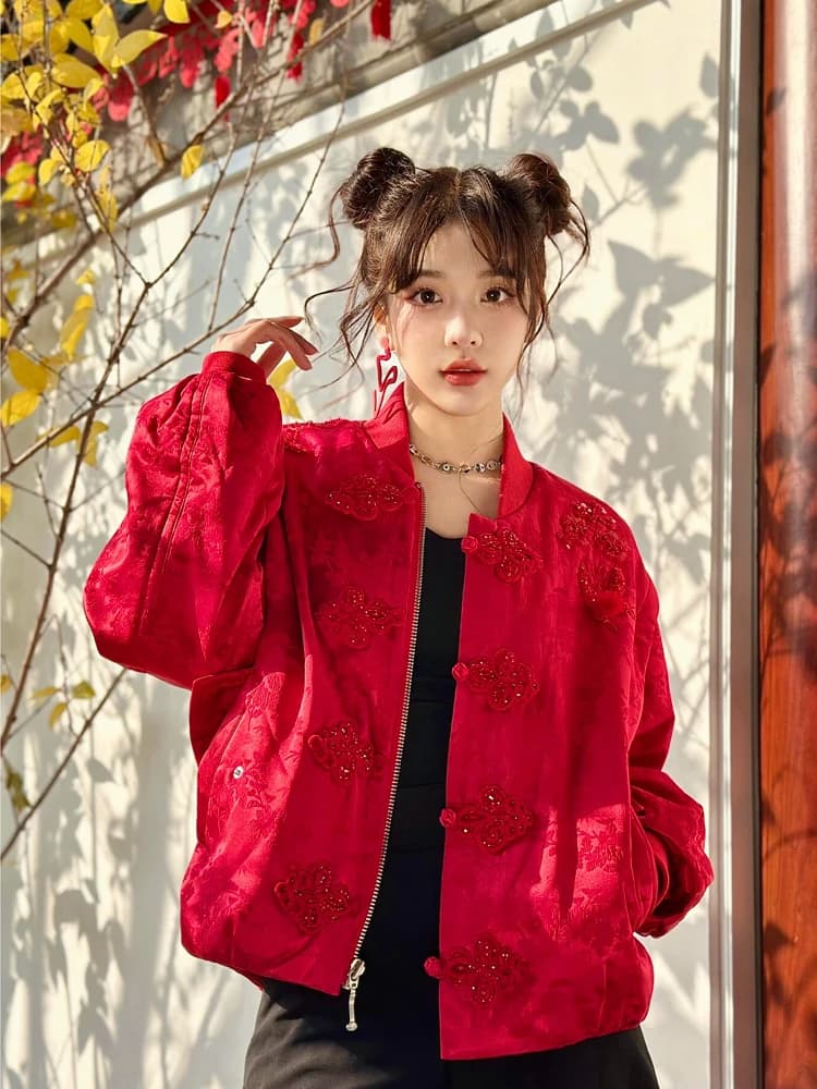 Red Embroidered Chinese Style Cotton Jacket Women's New Year High End Heavy Sequin Retro National Style New Cotton Clothes