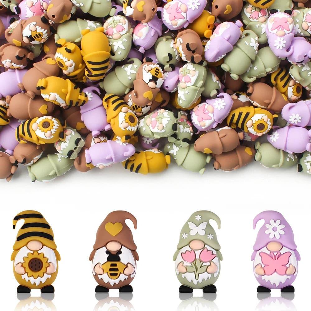 5/10/20/50PCS 3D Gnomo Perline Focali In Silicone Primavera Girasole Farfalla Tulipano Disegni Perline di Gomma Allentate per la Produzione di Gioielli