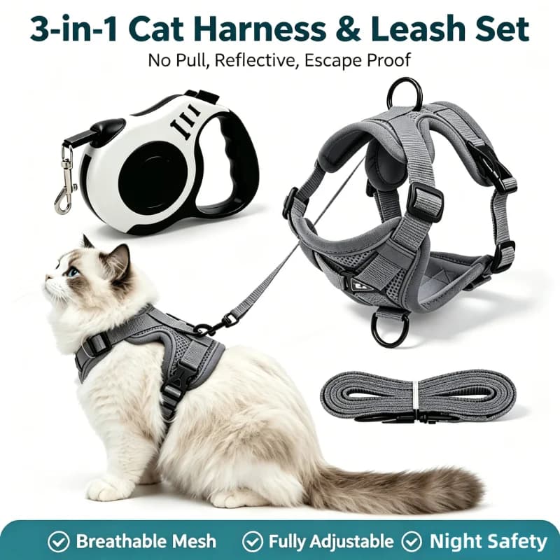 3 in 1 Anti Escape Cat Harness Set Reflective Breathable Vest Style Adjustable with 3M Retractable Leash for Kitten Adult Cats
