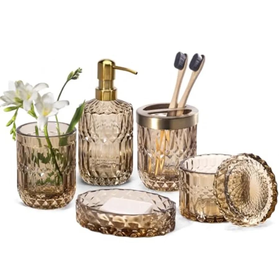 Set di 6 Accessori per Bagno in Vetro Trasparente con Design Moderno per Spazi Contemporanei, Include Dispenser per Lozione e Sapone