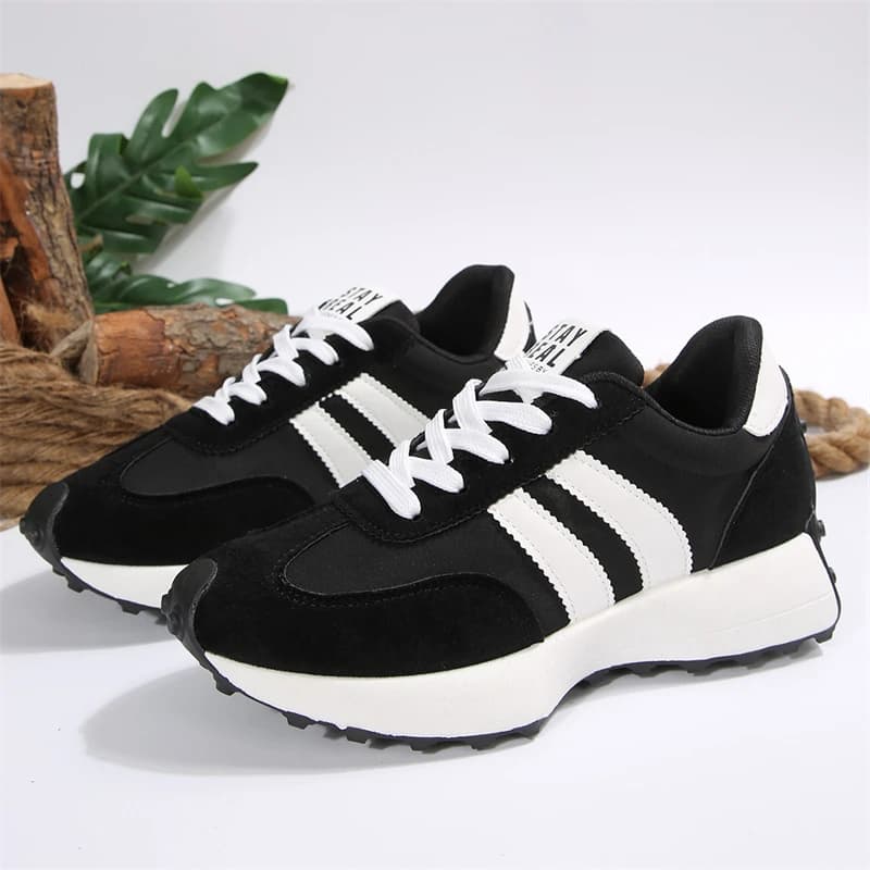 Women's classic black casual sneakers, designer shoes, light sneakers with plateau, comfortable women's low walking shoes