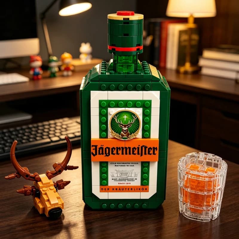 Jagermeister Liqueur Bottle Building Blocks Set with Deer Head Model Adult Bar Decor Collectible Bricks Kit