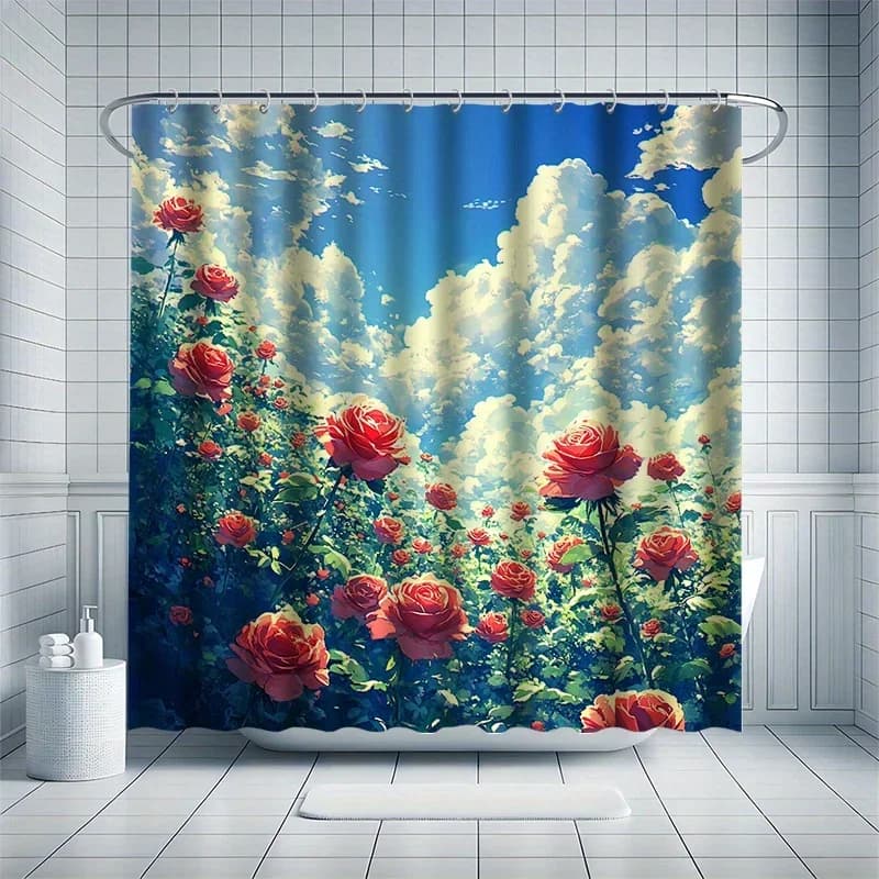Set tenda da doccia con fiori luminosi, stame luminoso, cielo blu e nuvole bianche, divisorio per vasca, arredamento bagno moderno