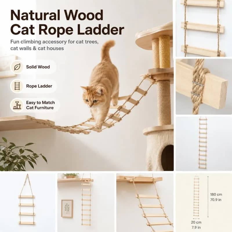 Natural Wooden Cat Rope Ladder for Cat Tree, Cat Condo, Cat Wall Shelf, Hanging Bridge Toy, Indoor Climbing Play Accessory Kit