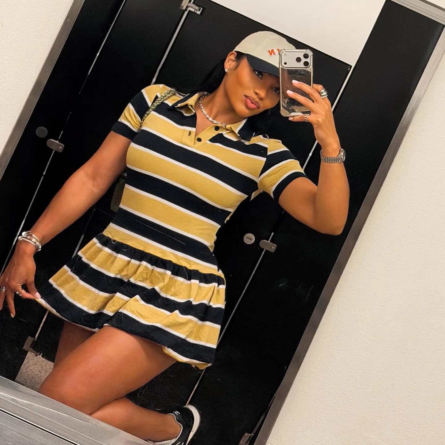 Sporty Style Mini Dress Woman Stripe Patchwork Polo-Neck Short Sleeve Shape Waist Ruched Hem Casual Fashion Bodycon