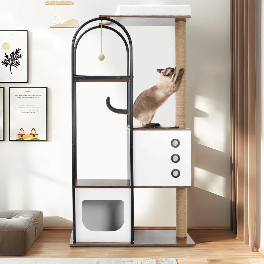 struttura da arrampicata per gatti, albero per gatti, torre moderna per gatti, condo per gatti multilivello con 1 grotta, 2 tiragraffi, pesce per gatti da interno