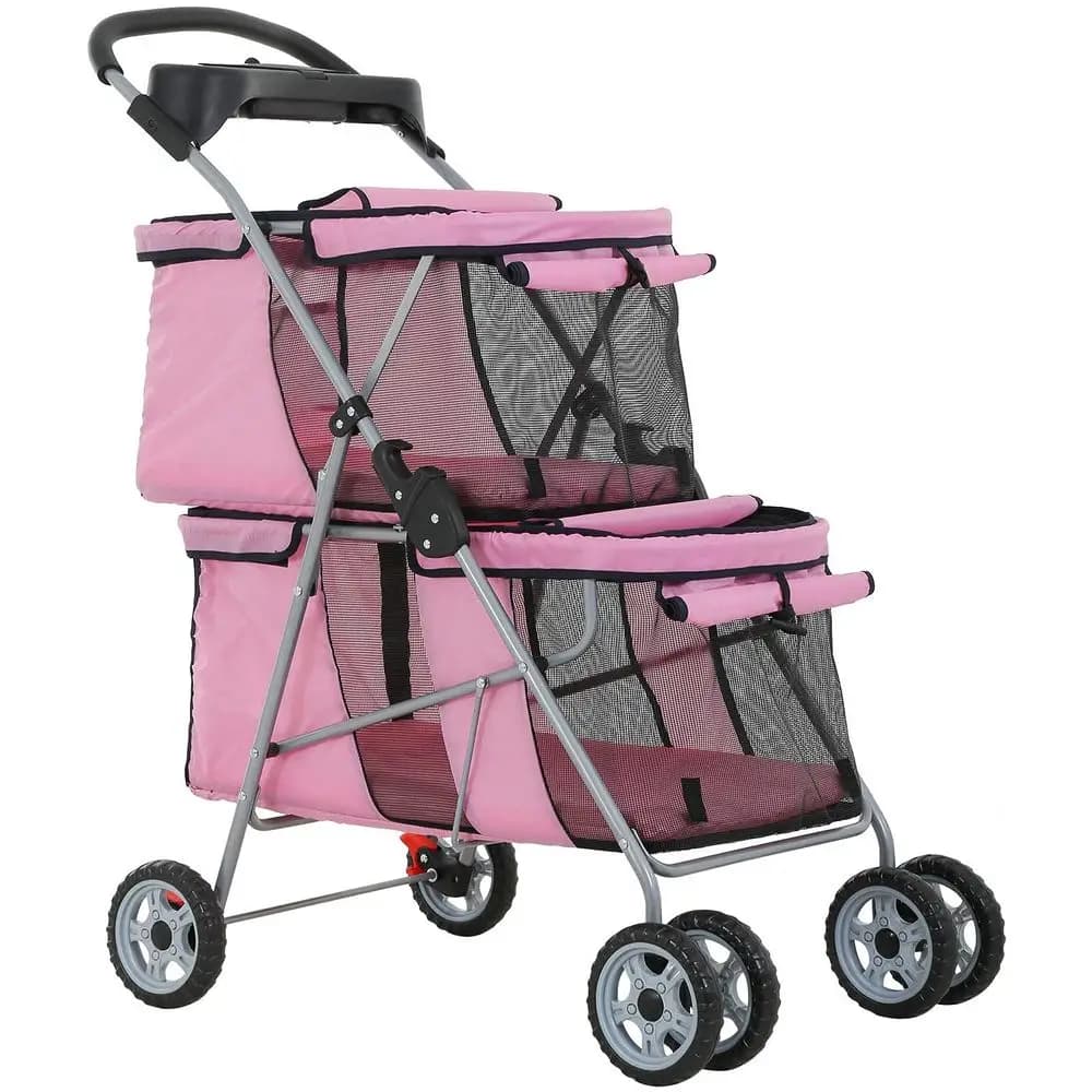 Pet Strollers for 2 Dogs and Cats, Double 4 Wheel Small Medium Pets with Safety Belts, Portable Carriage Cart Storage Basket Tra