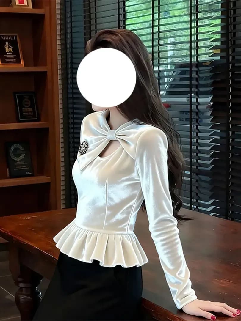 Top da donna in velluto a maniche lunghe slim fit con nodo e dettagli traforati, che nasconde le imperfezioni, alla moda, Primavera 2026