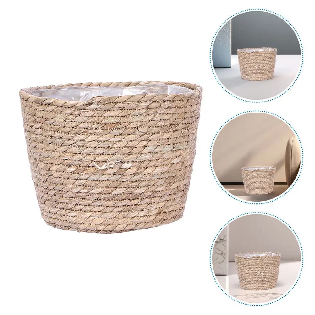 Portafiori in Giunco Marino Intrecciato, Vaso Rustico in Vimini per Piante da Interno ed Esterno, Contenitore per Piante, Vaso in Giunco Marino