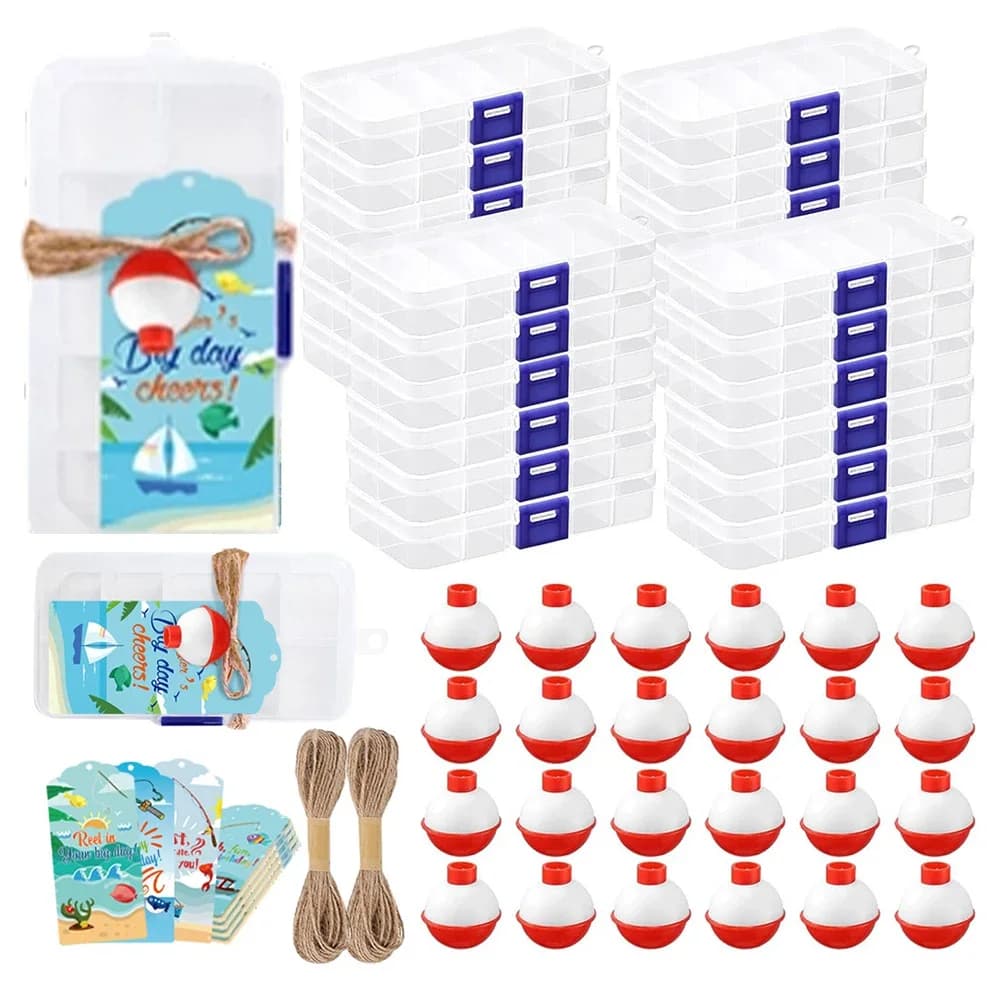 Complete set of 24 fishing parties with candy equipment boxes, floats and thank-you cards for fishing theme celebrations