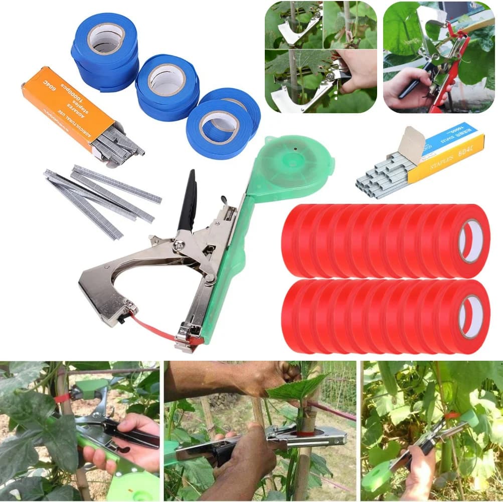 Hand Tying Binding Machine with 6 Roll Tapes +1 Box Staples Plant Tying Tapetool Grape Vine Stapler for Vegetables Pepper Vines