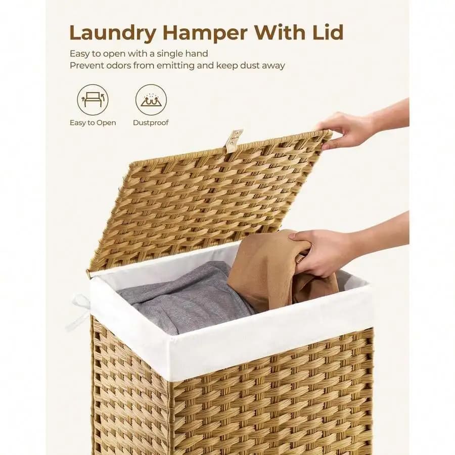 Laundry Hamper With Lid 90L Handwoven Synthetic Rattan Basket With Removable Liner And Mesh Bags