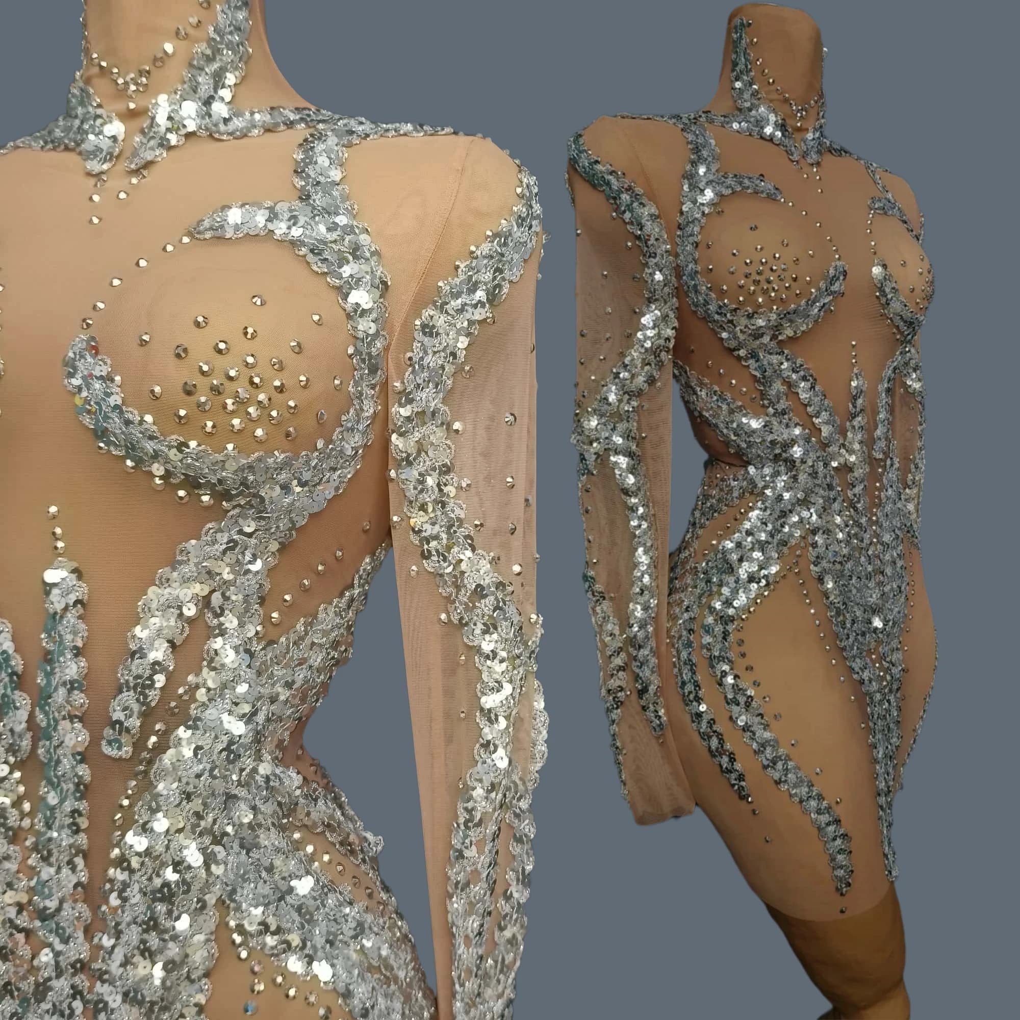 Vestito da ragazza piccante Paillettes con strass argento Vedi attraverso il vestito a rete Fasciatura Evento Spettacolo teatrale Abbigliamento da ballo Mini abito da festa Yuanhuan
