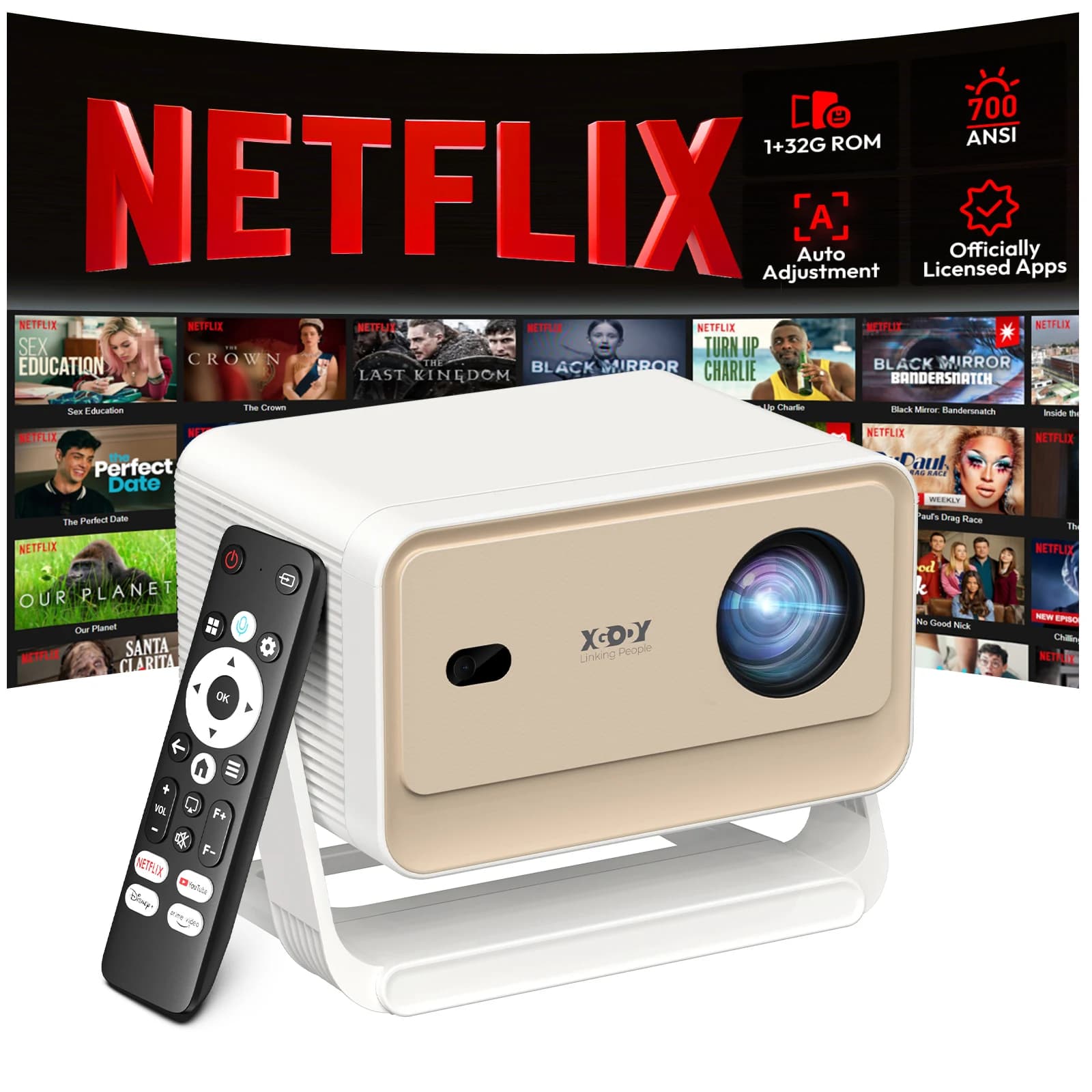 XGODY Official Netflix Projector 700 ANSI 4K Voice Control Smart Android TV Whale OS 8/32GB ROM for Outdoor Film Home Theater