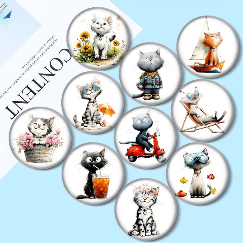 Cabochon in vetro con gatto acquerello estivo 12/18/20/25mm per bracciali, ciondoli, anelli, orecchini e componenti per la creazione di gioielli