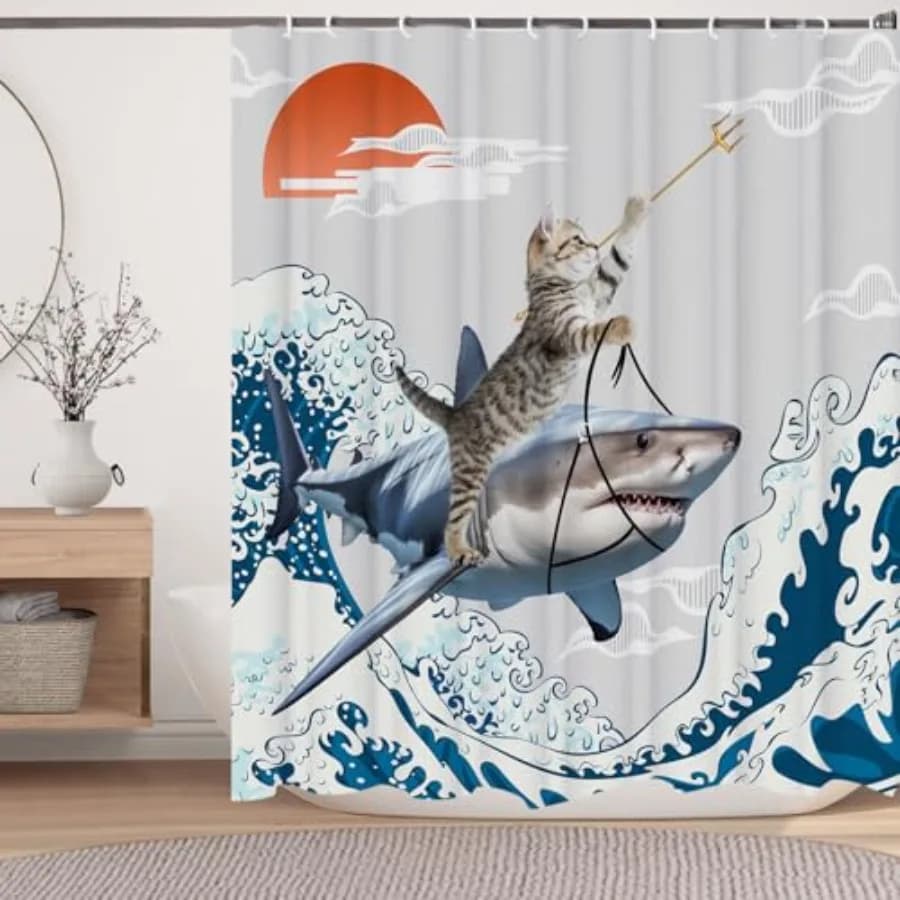 Funny Cute Cat Shower Curtains, Japan Cat Shark with Ocean Sea Wave Shower Curtain for Bathroom, Japanese Cool Fabric Shower Cu
