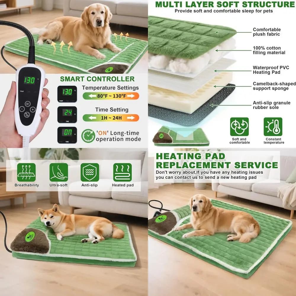 Lussuoso Letto per Cani in Memory Foam Riscaldato, 32x20x2, con Tappetino Certificato MET/UL e Controller Intelligente, Morbido e Confortevole per Uso Interno