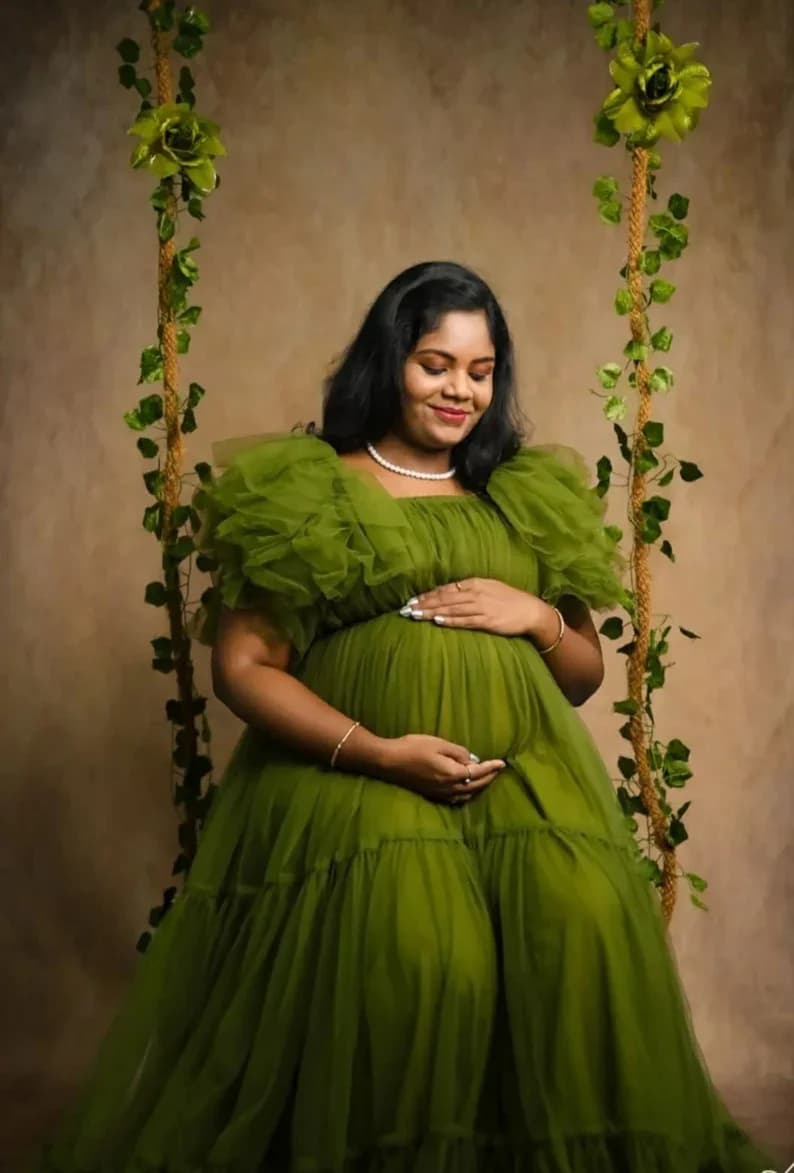 Abito premaman in Tulle morbido Premium verde oliva Pregancy Photography Robe Ruffles Puffy Dress per donne incinte per Babyshower
