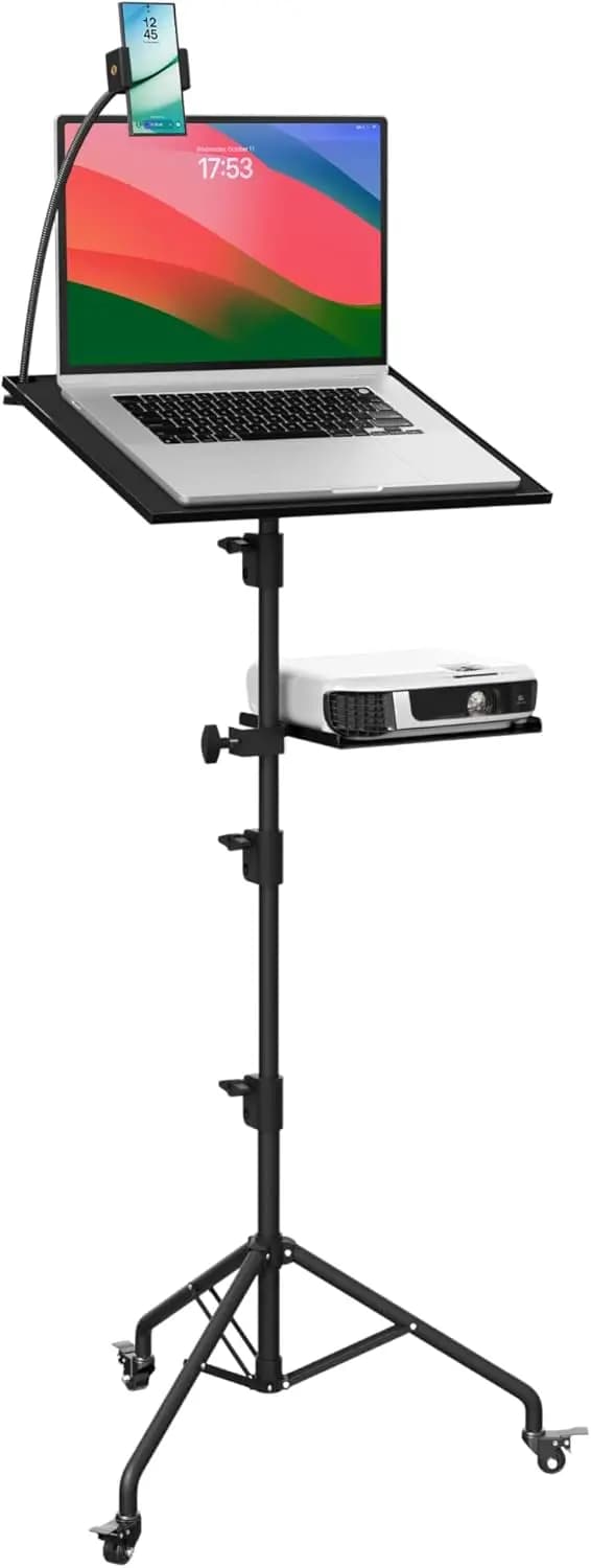 Supporto per Proiettore con Ruote, Supporto per Laptop Regolabile in Altezza per Casa, Ufficio, Scuola, DJ, Nero