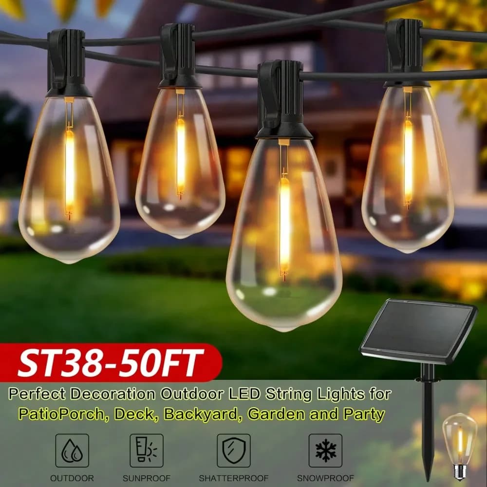 Luci solari a stringa, 50-100 piedi, luci impermeabili per patio, con lampadine LED Edison, adatte per veranda esterna, perfette per P