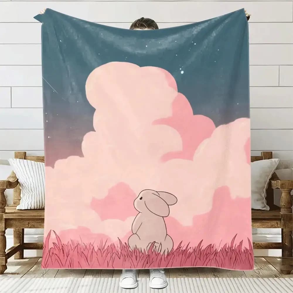 Cute rabbit and cloud patterns Flannel printed blanket suitable for all seasons suitable for living room office sofa and travel