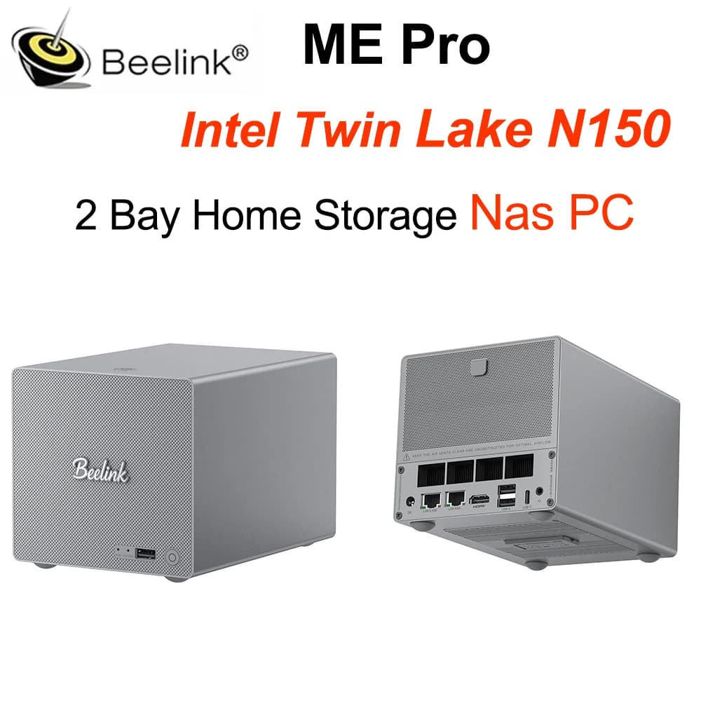 Beelink ME Pro Intel Twin Lake N150 Mini PC NAS a 2 Bay, LPDDR5 16GB, SSD NVMe M.2 2280 da 512GB, Wifi6, BT5.4, PC NAS per Archiviazione Domestica
