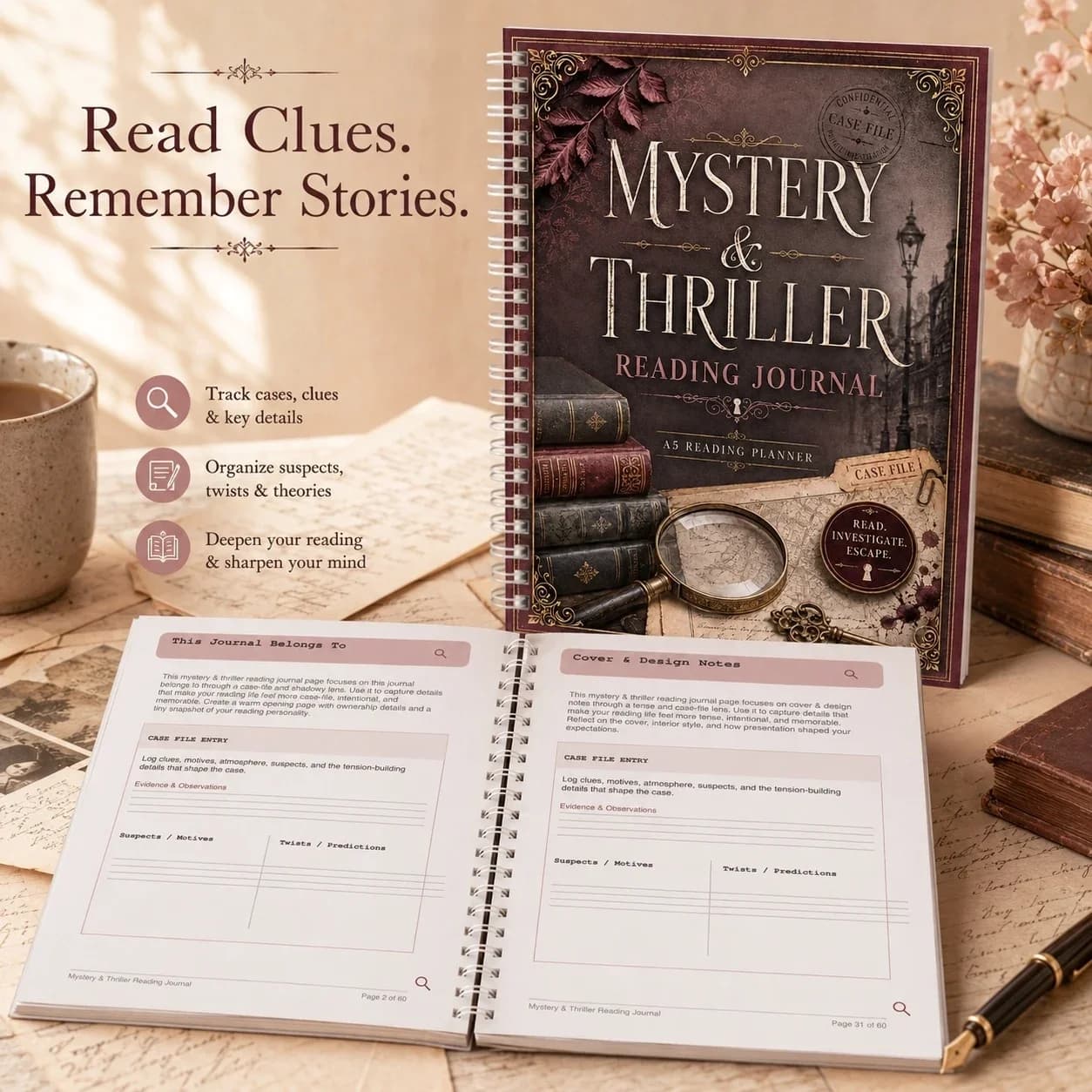 A5 Book Journal Notebook and Reading Planner, Novel Tracker for Readers, Case Notes, Book Reviews, Favorite Twists, Reading Log