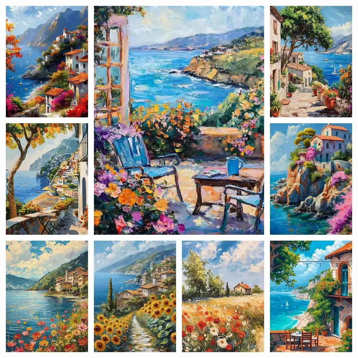 Kit Ricamo Diamante 5D Fai da Te: Paesaggio Mediterraneo con Villaggio e Campo Fiorito, Punto Croce a Copertura Totale, Decorazione per la Casa