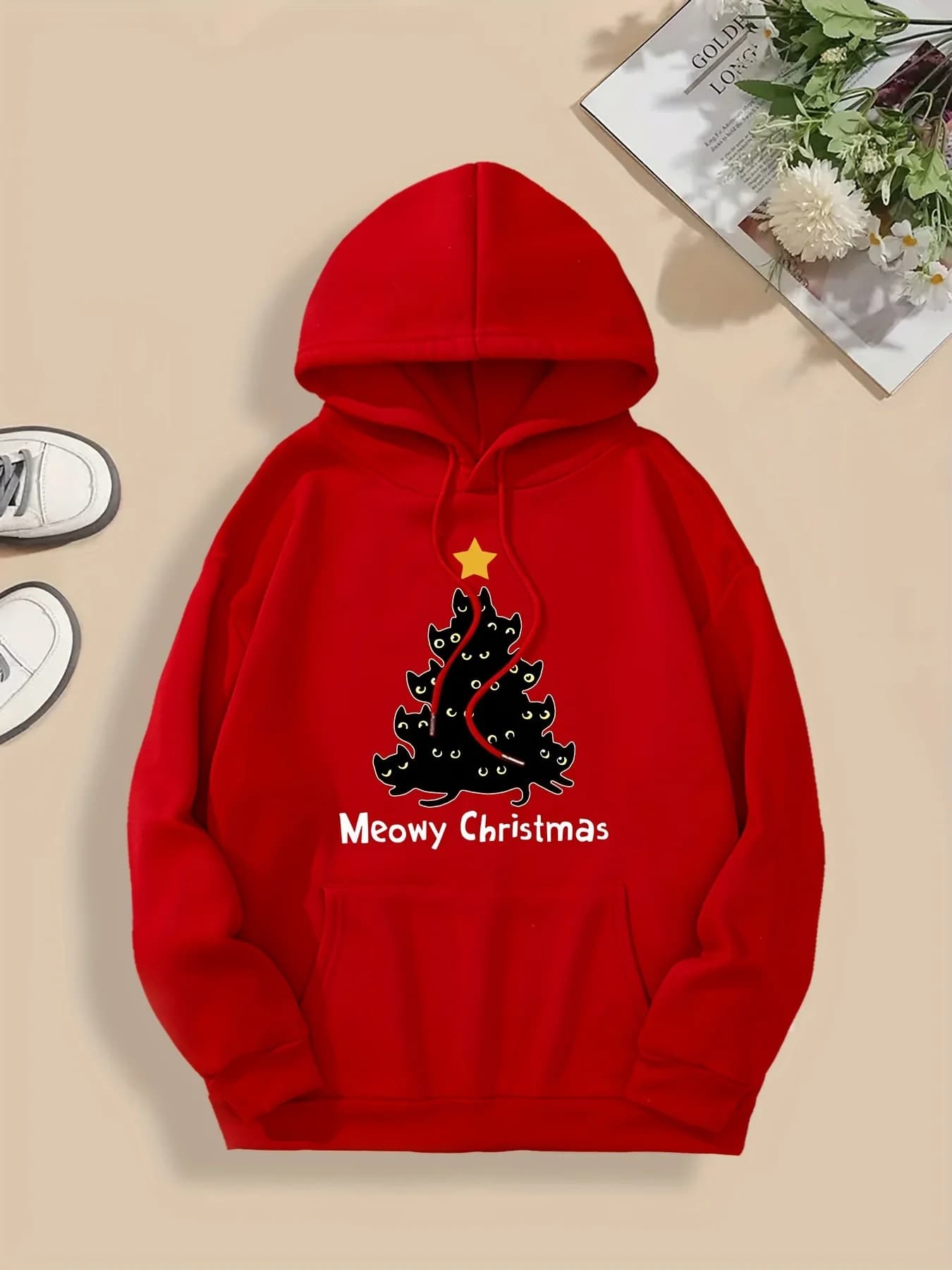 Felpa con cappuccio autunno inverno da donna con stampa albero di Natale gatto di Natale Felpa Y2k Top con cappuccio manica lunga abbigliamento casual da donna