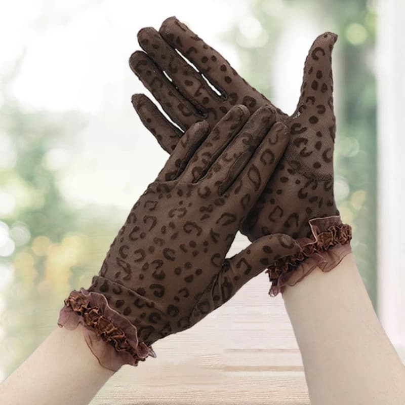 Guanti in Pizzo Sottili da Donna, Protezione Solare, Leopardati Neri, Estivi, per Ciclismo, Decorativi con Protezione UV